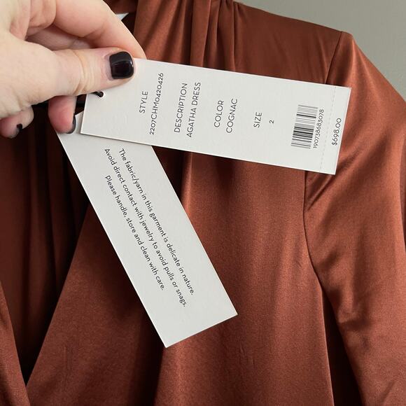 NWT Veronica Beard Agatha Wrap Dress in Cognac Size 2 Brown Silky Satin Ruched - Picture 16 of 16